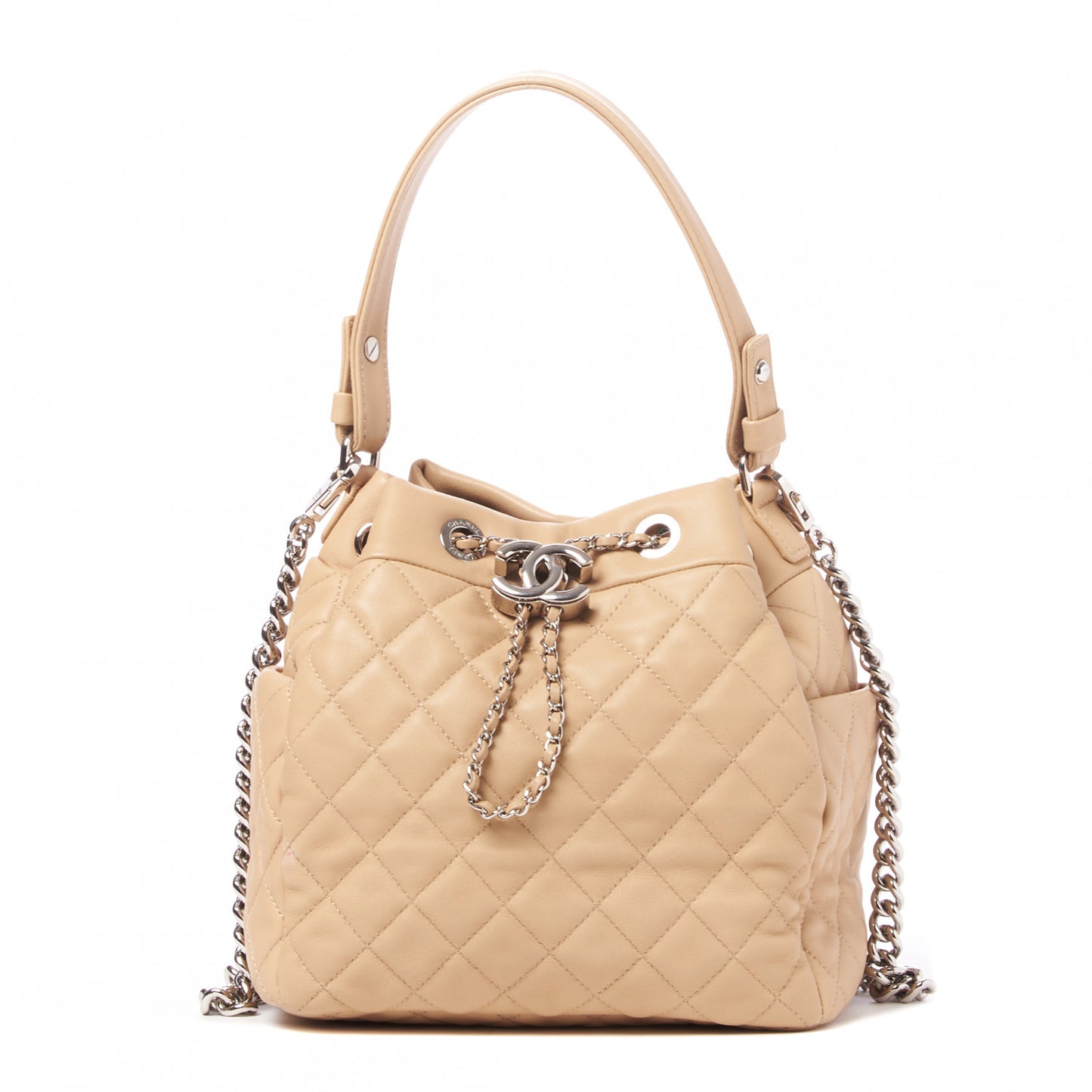 Lambskin Quilted Small CC Chain Bucket Bag Beige