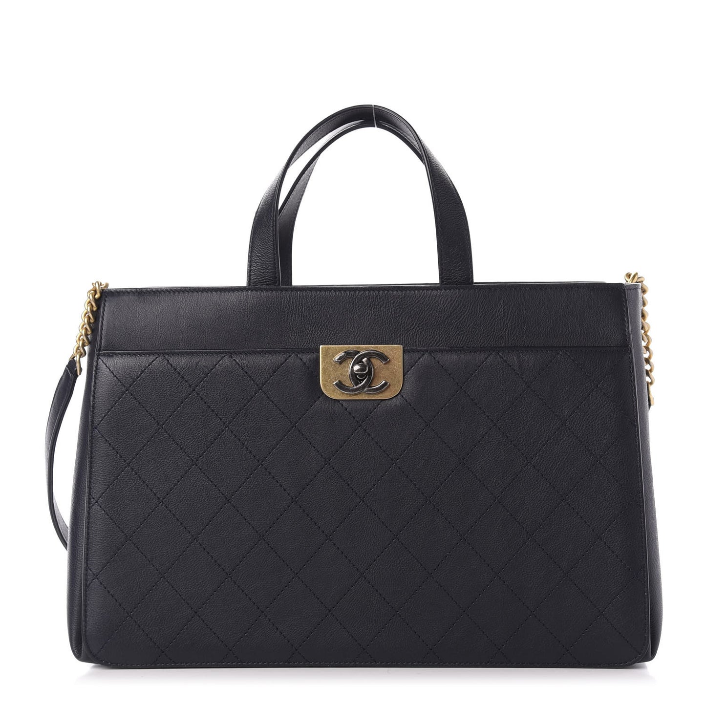 Calfskin Stitched Large Straight Lines Shopping Tote Navy