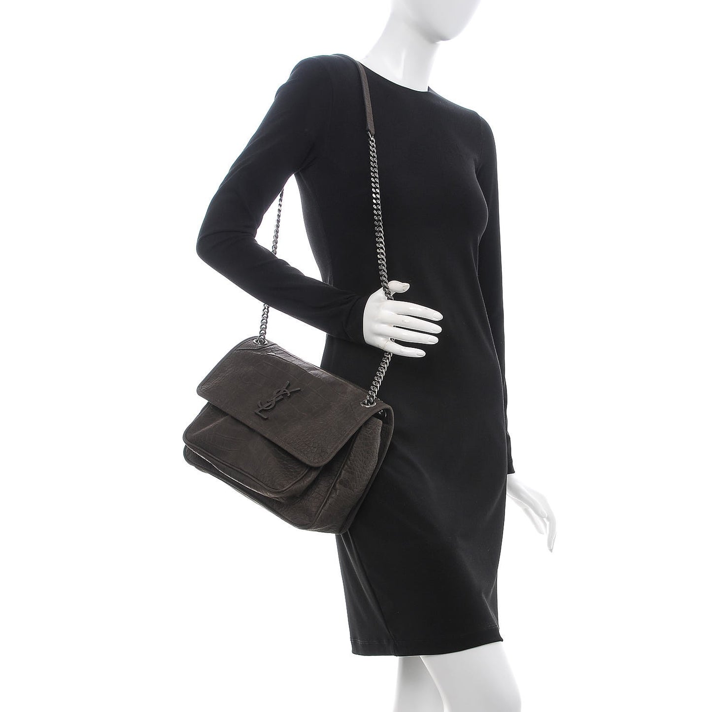 Nubuck Crocodile Embossed Monogram Medium Niki Chain Satchel Wood