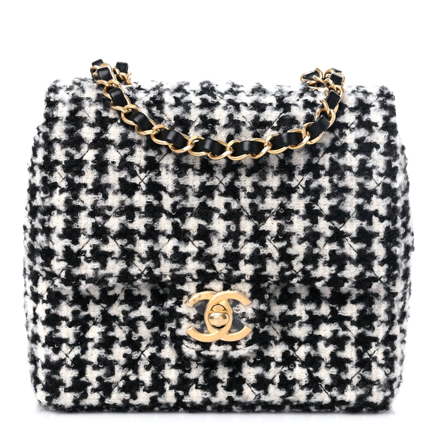 Tweed Houndstooth Mini Square Flap Black White