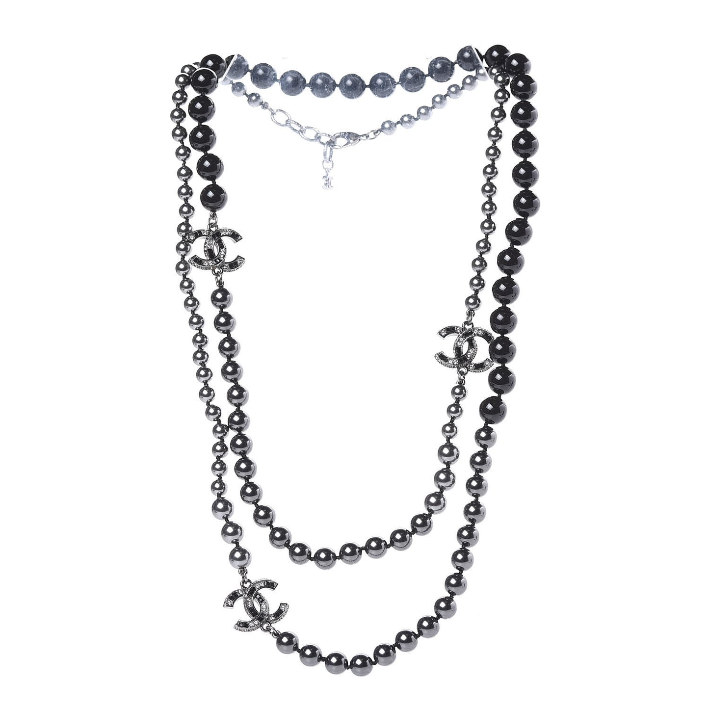 Ruthenium Crystal Baguette Pearl Beaded CC Long Necklace Black Grey