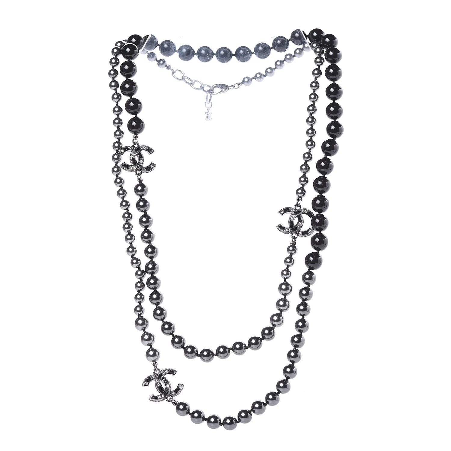 Chanel Ruthenium Crystal Baguette Pearl Beaded CC Long Necklace Black Grey 3 of 6