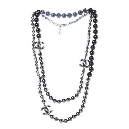 Chanel Ruthenium Crystal Baguette Pearl Beaded CC Long Necklace Black Grey 3 of 6