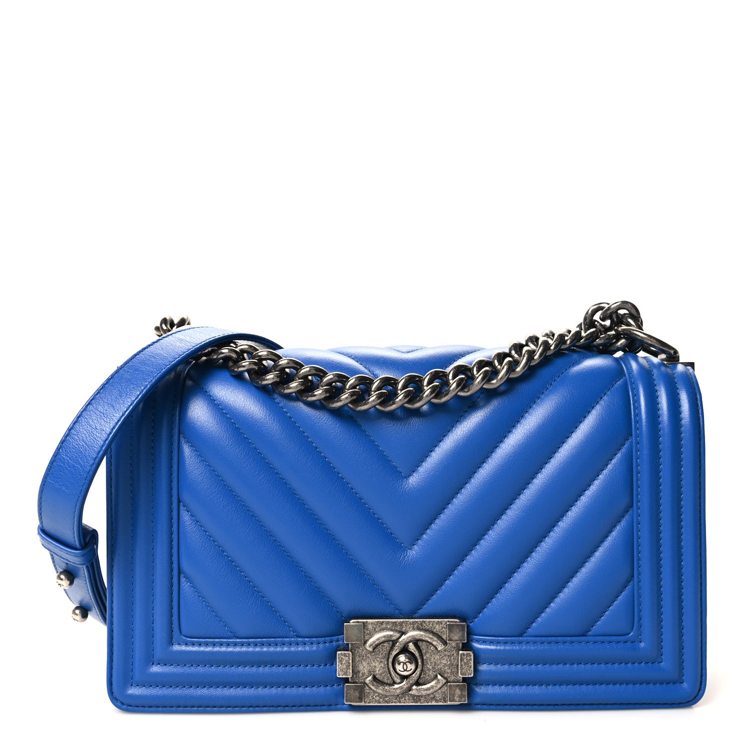 Chanel Calfskin Chevron Quilted Medium Boy Flap Bright Blue 1 of 10