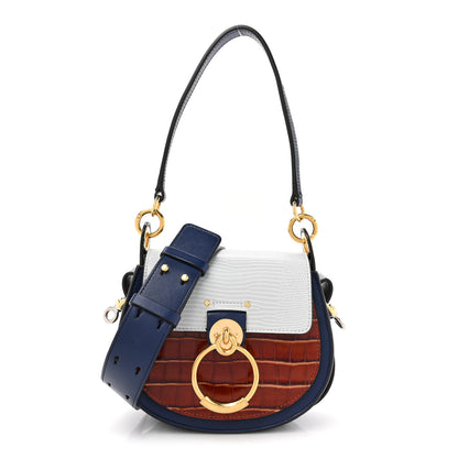 Chloe Shiny Calfskin Crocodile Embossed Small Tess Bag Blue Brown 1 of 16