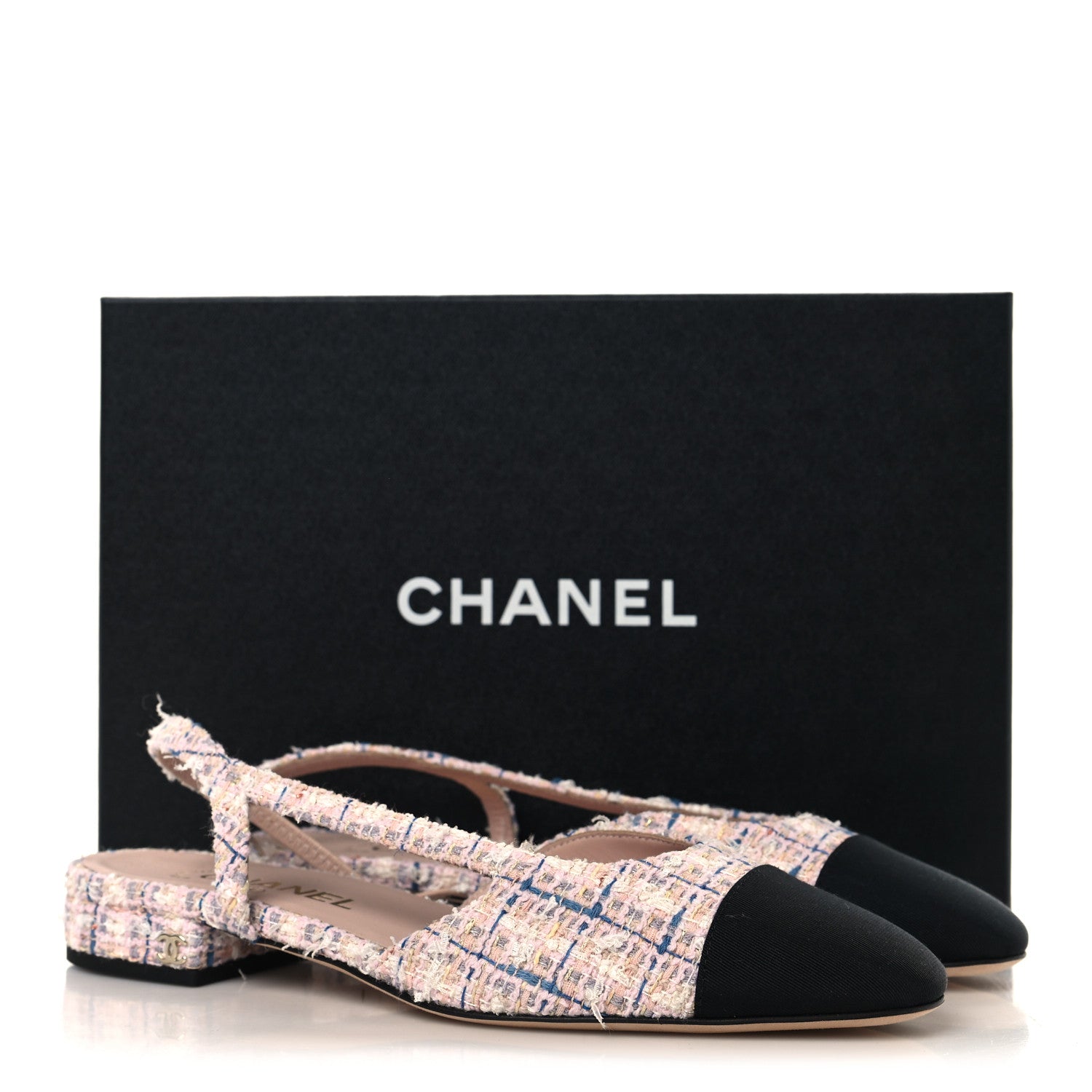 Chanel Tweed Grosgrain Cap Toe CC Slingback Flat 37.5 Pink Multicolor 10 of 10