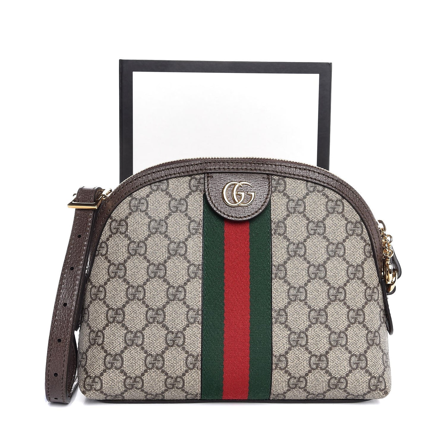 GG Supreme Monogram Textured Dollar Calfskin Web Small Ophidia Dome Shoulder Bag Beige Ebony New Acero