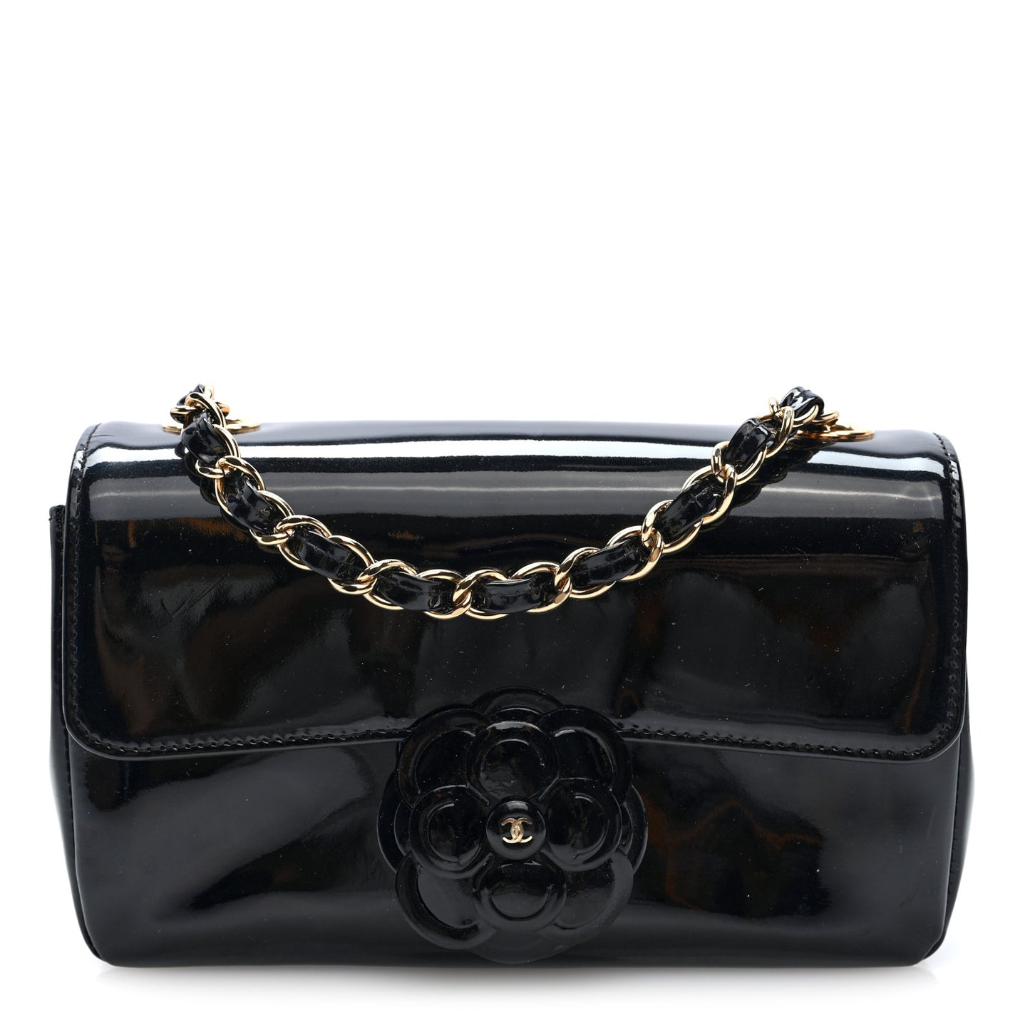 Patent Calfskin Small Camellia Flap Black