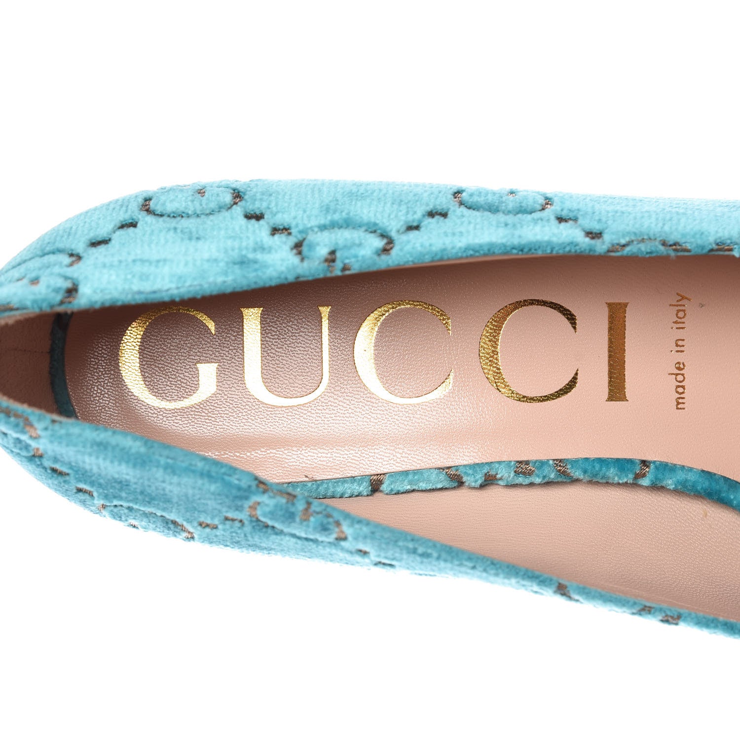Gucci Velvet GG Monogram Sylvie Web Chain Mid Heel Loafers 40.5 Turchese Beige 6 of 10