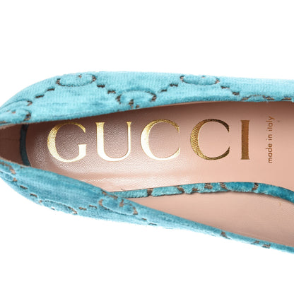 Gucci Velvet GG Monogram Sylvie Web Chain Mid Heel Loafers 40.5 Turchese Beige 6 of 10