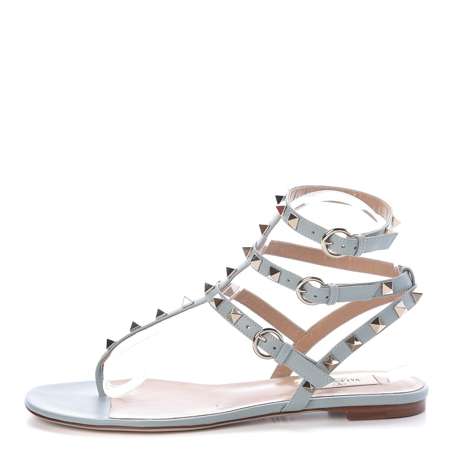 Valentino Garavani Nappa Rockstud Ankle Wrap Flat Thong Sandals 38 Celadon 1 of 8