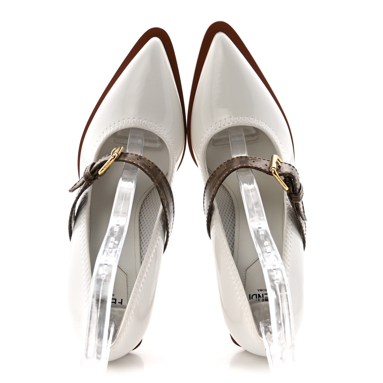 Fendi Glossy Neoprene Glazed Fabric FF FFrame Court Mary Jane Pumps 38 White Tobacco Moro 2 of 8