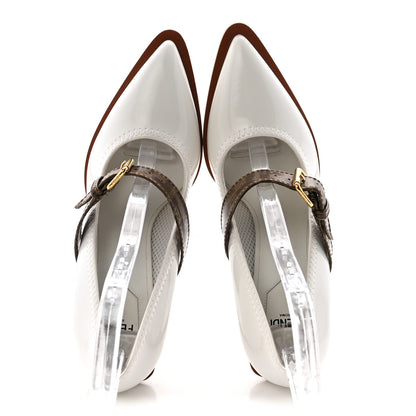 Fendi Glossy Neoprene Glazed Fabric FF FFrame Court Mary Jane Pumps 38 White Tobacco Moro 2 of 8