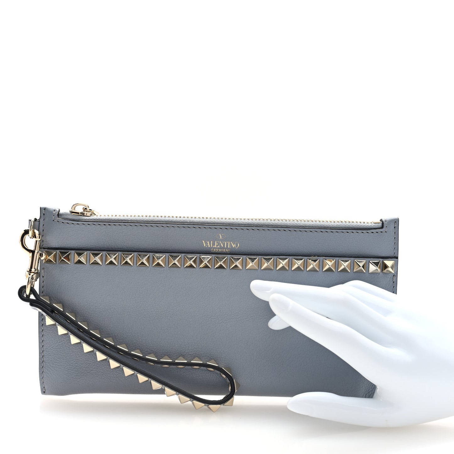 Nappa Rockstud Zip Wristlet Pouch Pastel Grey