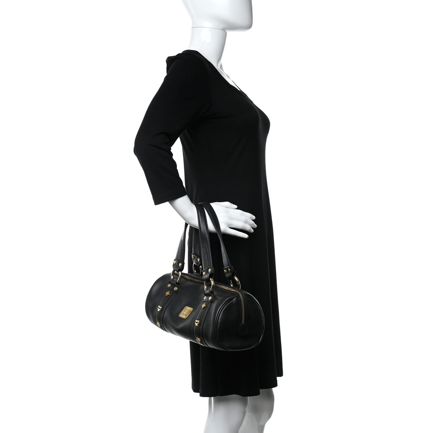 Grained Calfskin Studded Heritage Barrel Bag Black