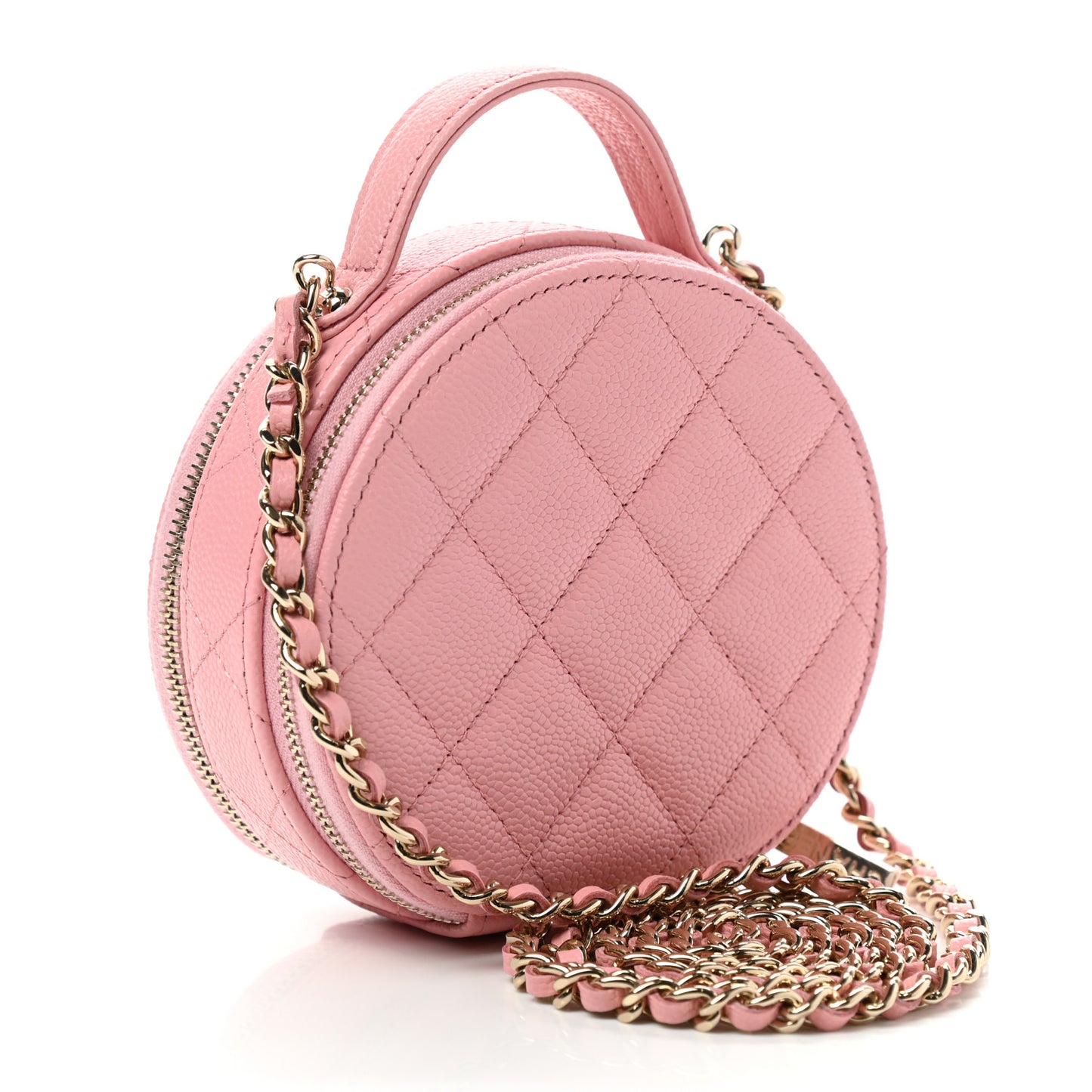 Caviar Quilted Round Handle With Care Vanity With Chain Pink