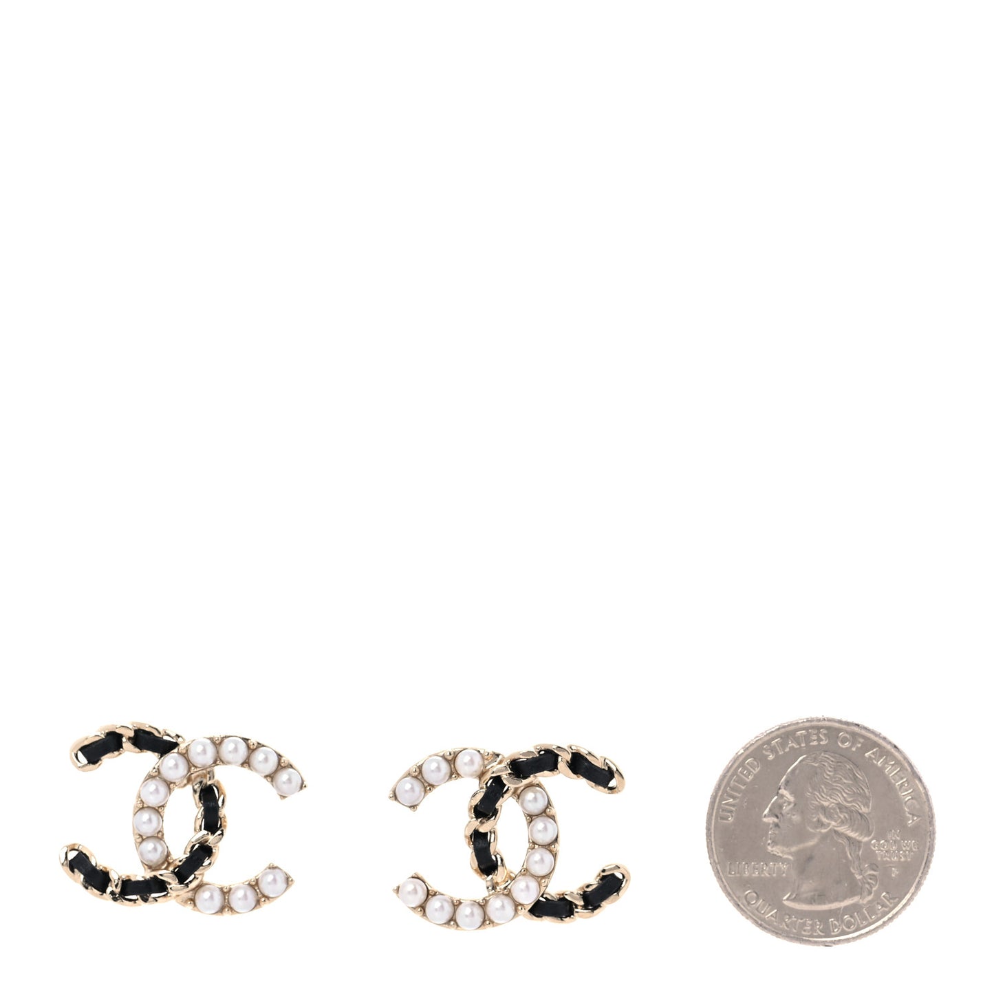 Pearl Lambskin Chain CC Stud Earrings Gold Black
