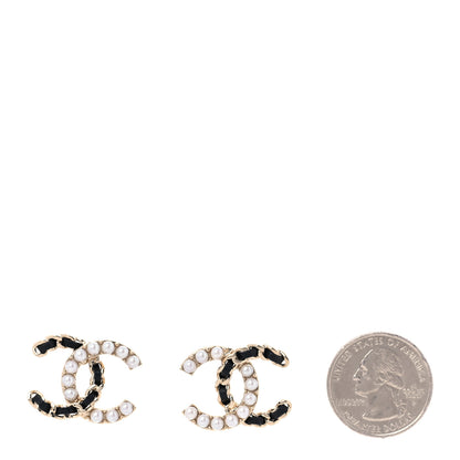 Chanel Pearl Lambskin Chain CC Stud Earrings Gold Black 2 of 5