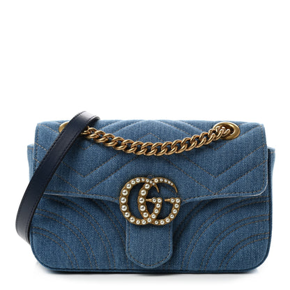 Gucci Denim Matelasse Mini Pearly GG Marmont Shoulder Bag Blue 1 of 10
