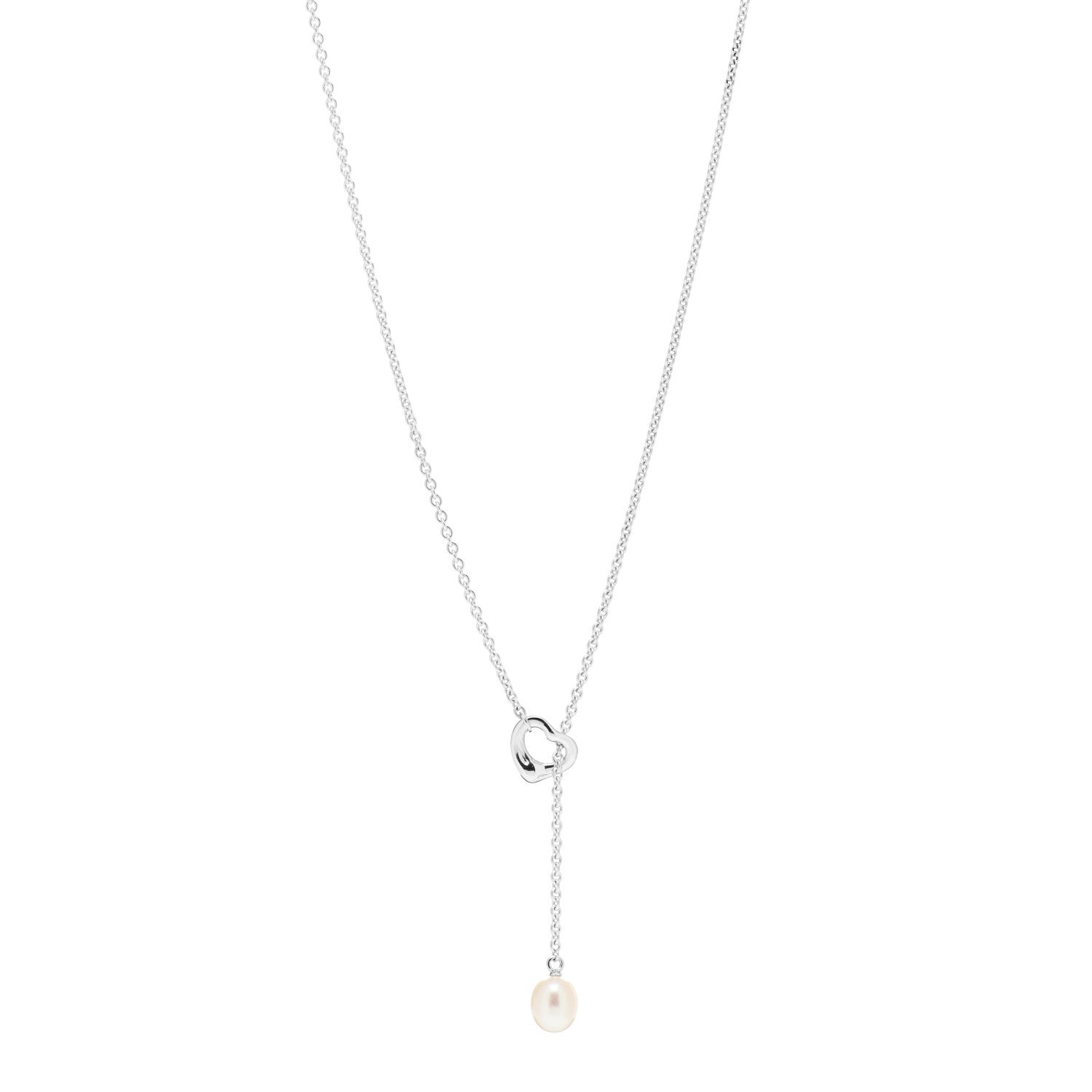 Tiffany Sterling Silver Pearl 7.5-8mm Elsa Peretti Open Heart Lariat Necklace 1 of 4