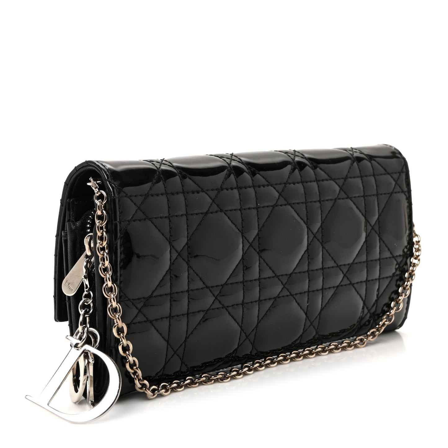 Patent Lambskin Cannage Lady Dior Rendezvous Wallet On Chain Black