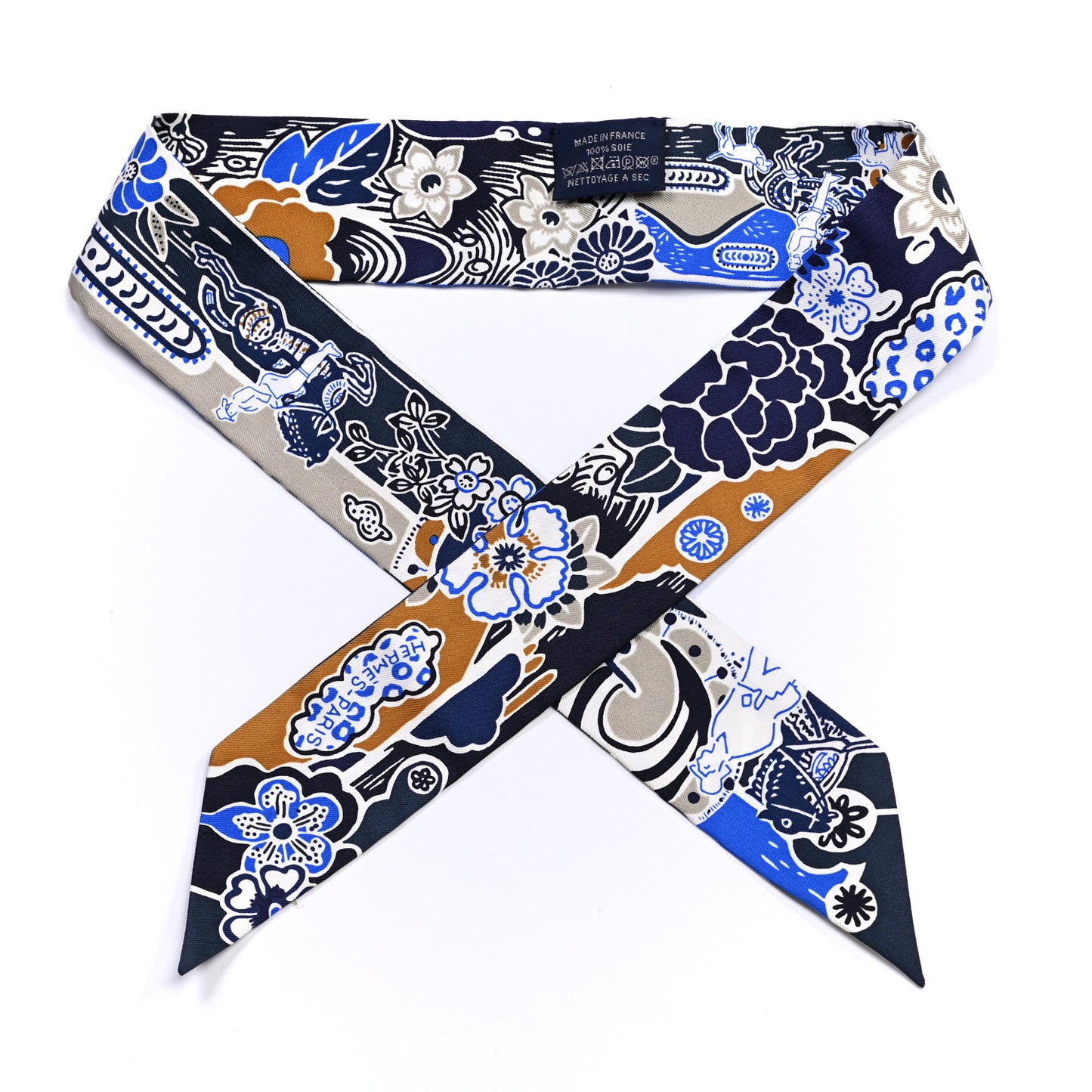 Silk Bingata Twilly Marine Tabac White