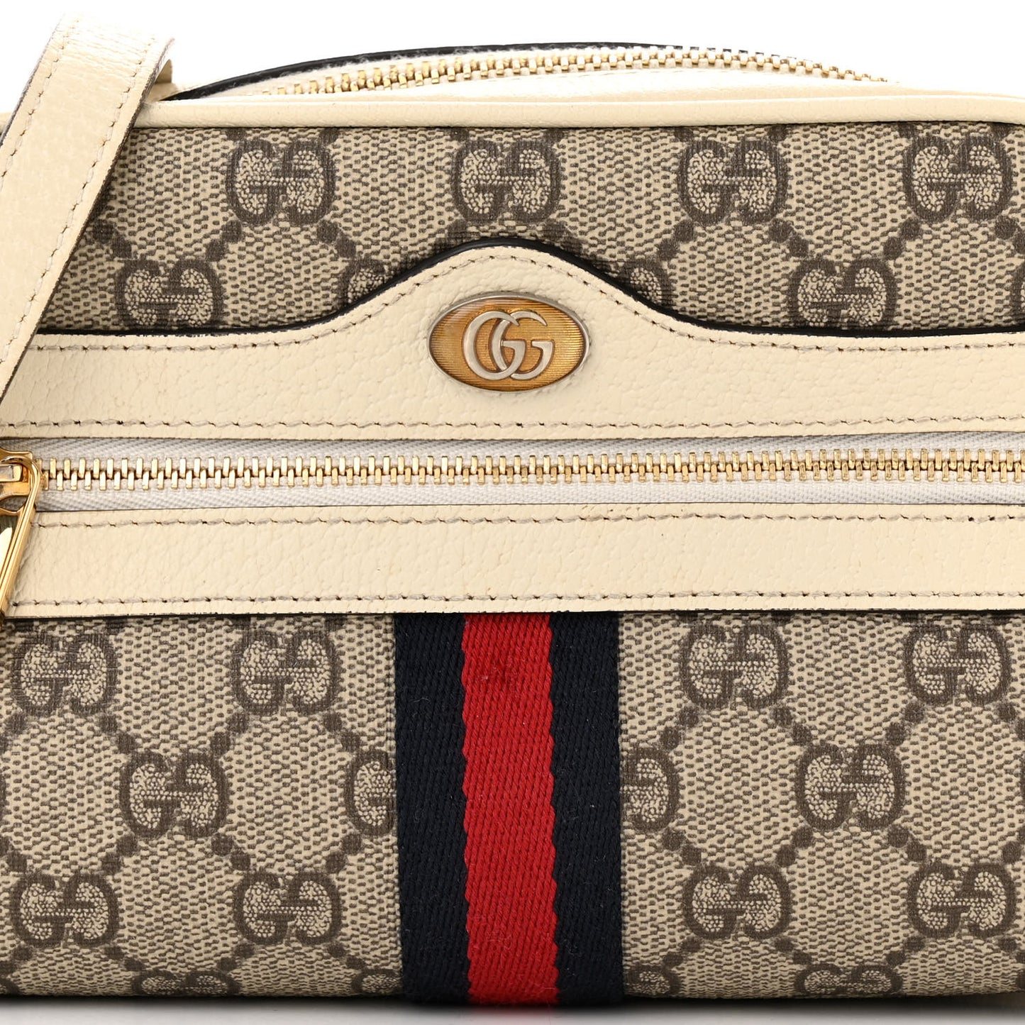 GG Supreme Monogram Textured Calfskin Web Mini Ophidia Shoulder Bag Beige Ebony Mystic White