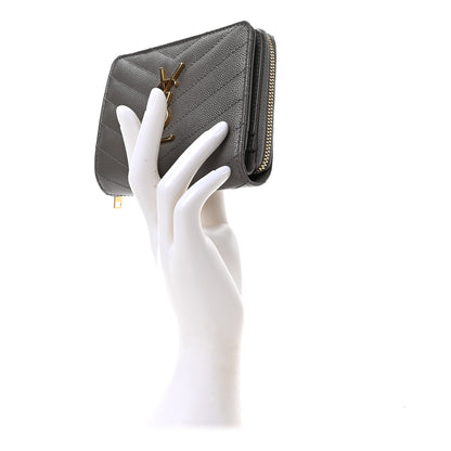 Saint Laurent Grain De Poudre Matelasse Chevron Monogram Compact Zip Around Wallet Fog 2 of 6