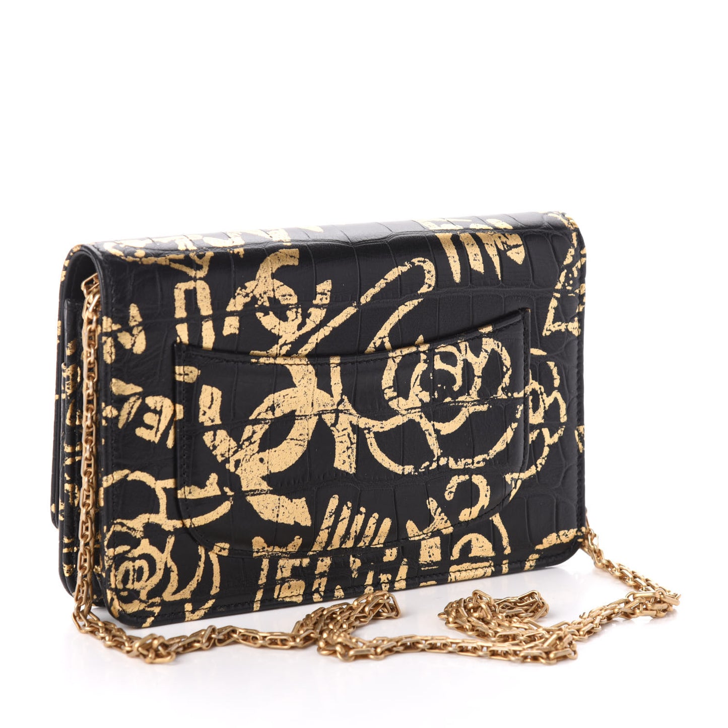 Calfskin Crocodile Embossed Graffiti 2.55 Cocodile Reissue Wallet On Chain WOC Black Gold