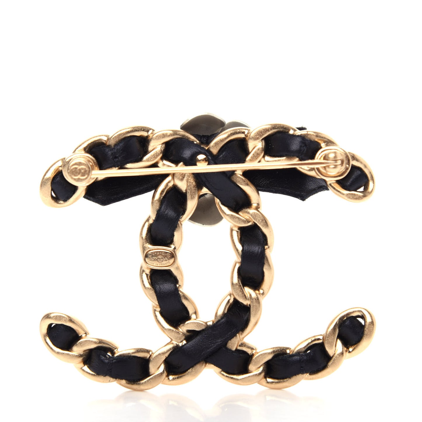 Metal Calfskin Chain 90's Camellia Brooch Black Gold