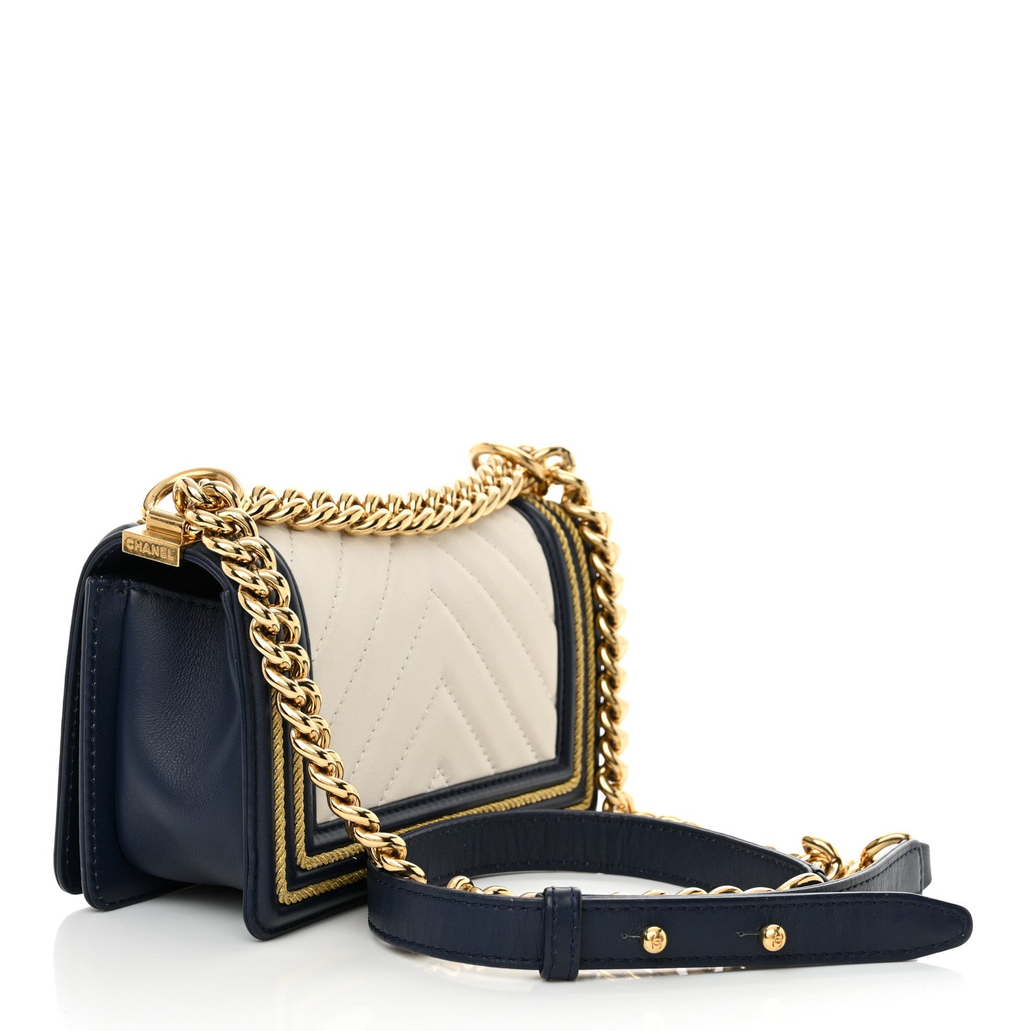 Chanel Calfskin Chevron Quilted Braided Small Boy Flap White Navy 3 of 14