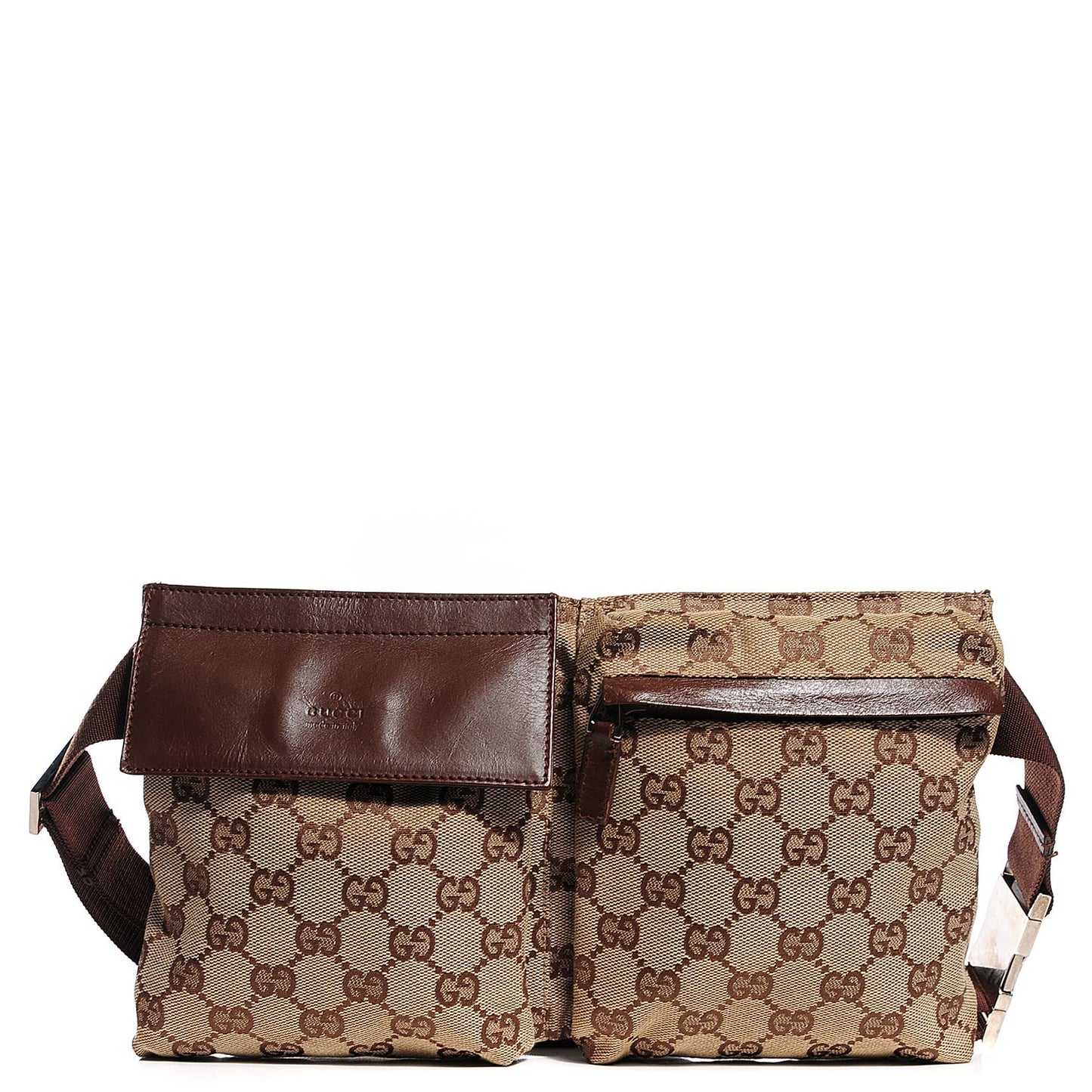 GG Monogram Web Double Pocket Belt Bag Brown