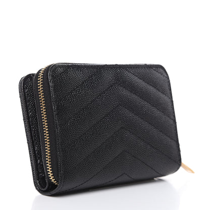 Saint Laurent Grain De Poudre Matelasse Chevron Monogram Compact Zip Around Wallet Black 3 of 6