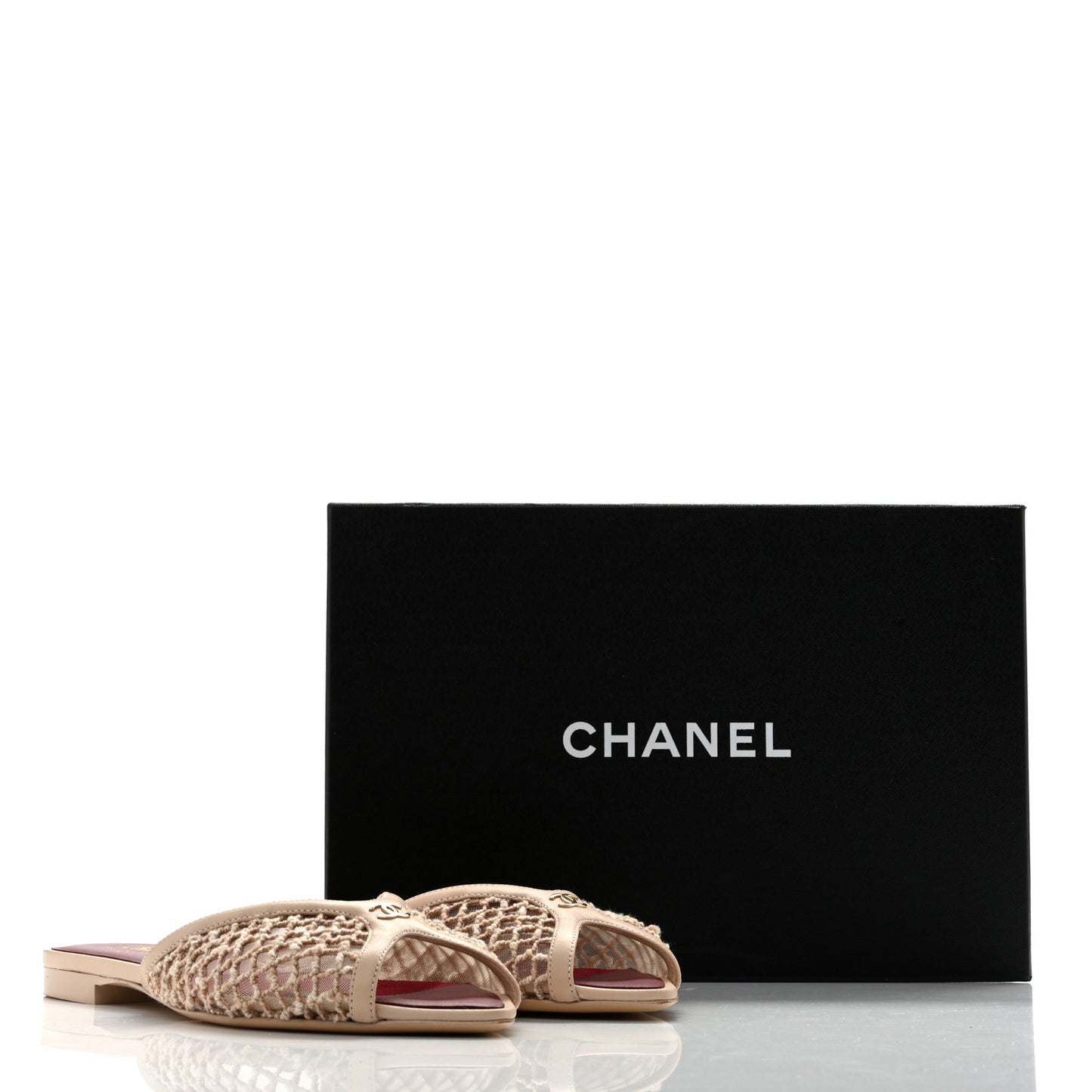 Mesh Cotton Lambskin CC Coco Beach Flat Mules 39.5 Light Beige