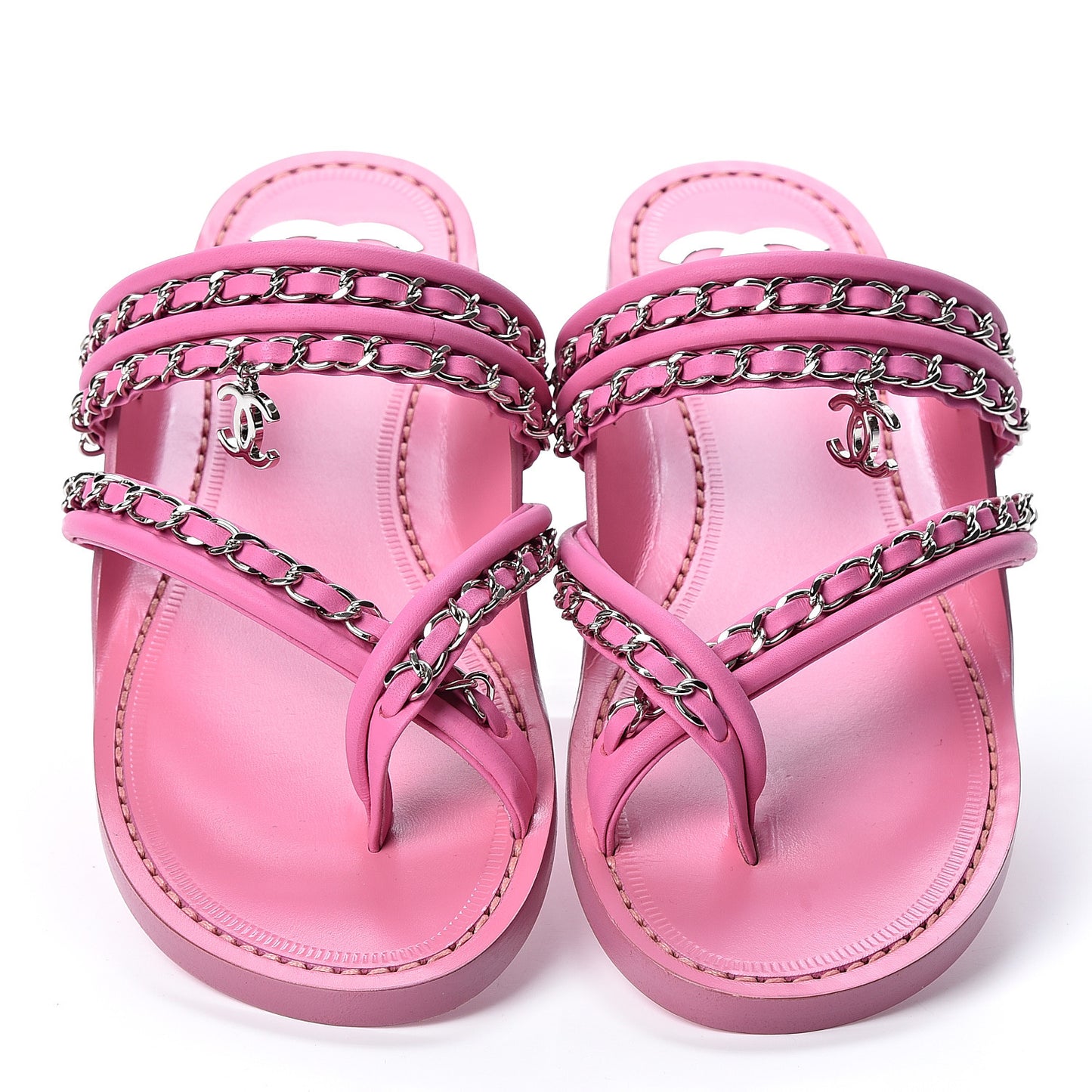 Calfskin Chain CC Thong Flat Sandals 36 Pink