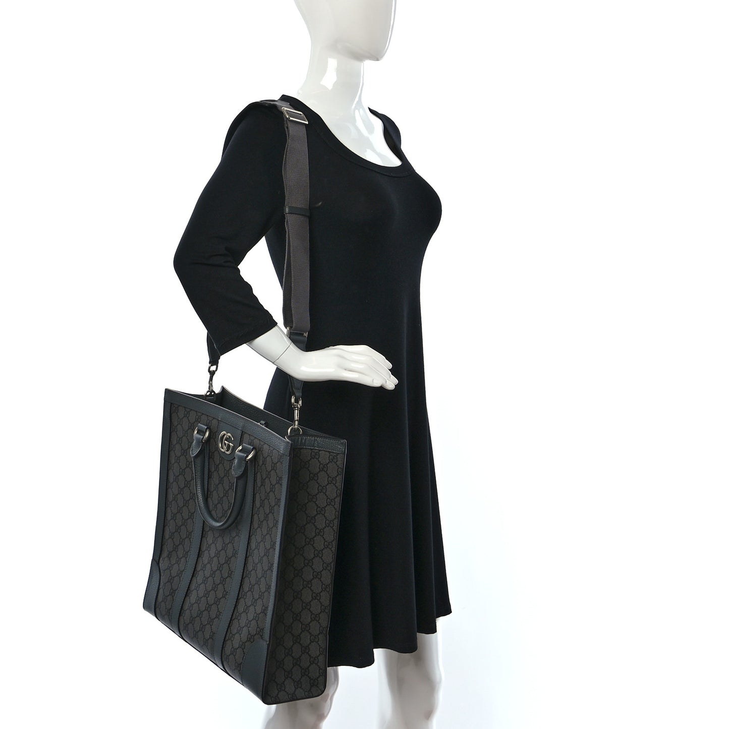 GG Supreme Monogram Textured Dollar Calfskin Medium Ophidia Tote Grey Black Graphite Grey