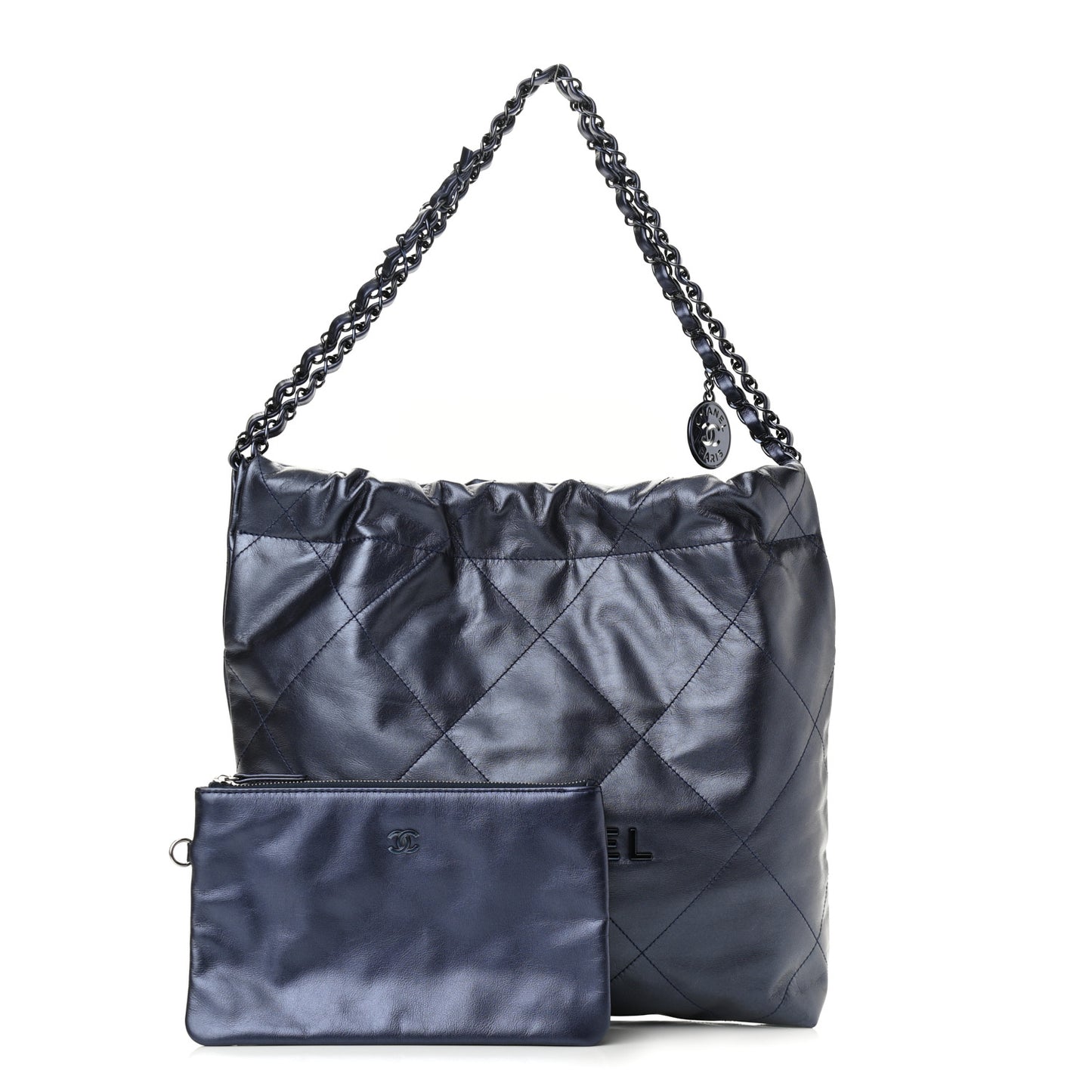 Metallic Calfskin Quilted Small Chanel 22 Navy Blue