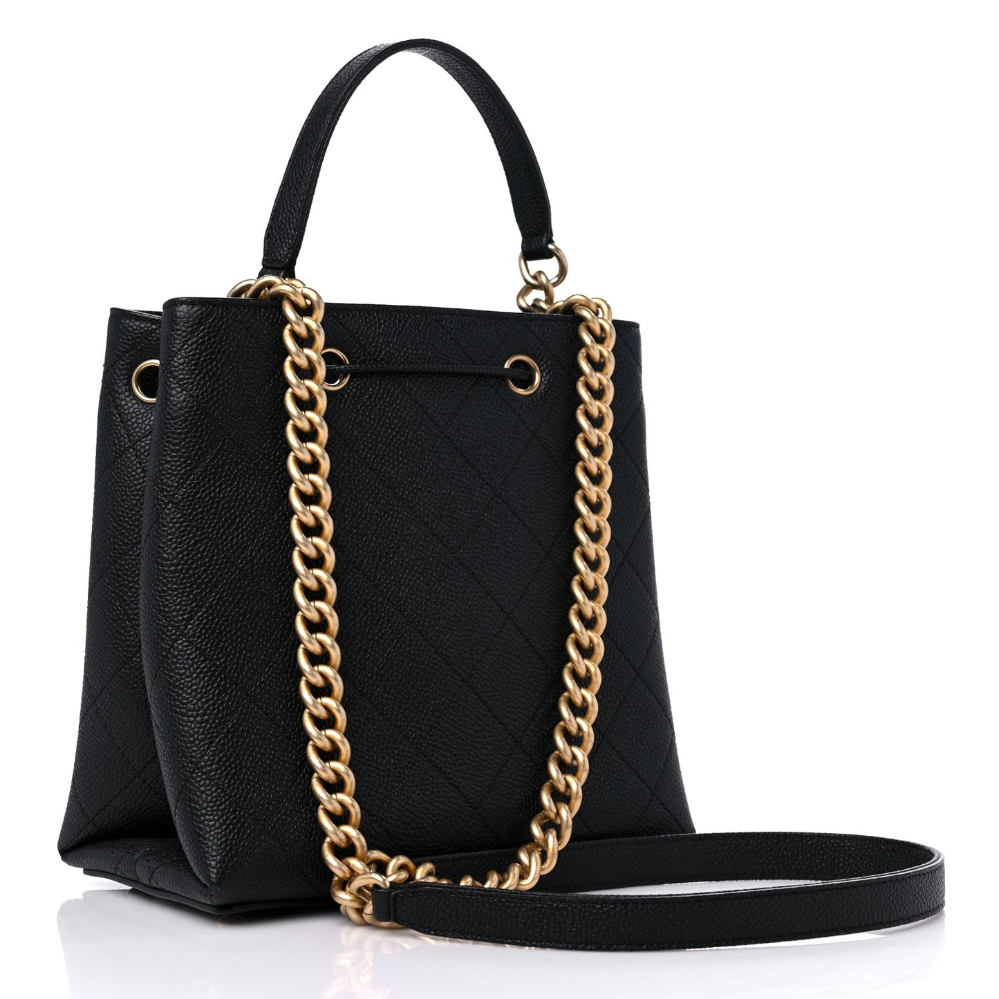 Grained Calfskin Stitched Small Drawstring Bag Black