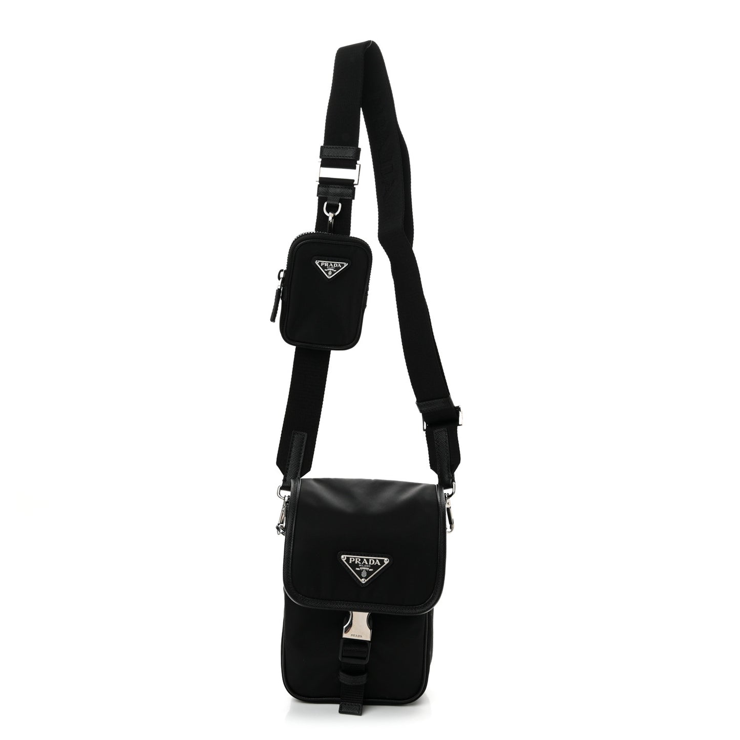 Re-Nylon Saffiano Mini Pocket Single Snap Buckle Messenger Bag Black