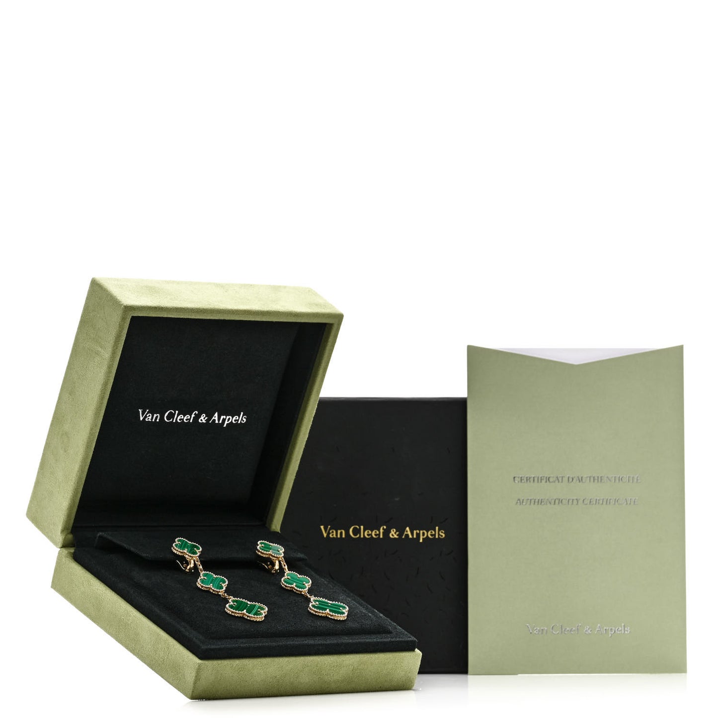 18K Yellow Gold Malachite 3 Motifs Magic Alhambra Earrings