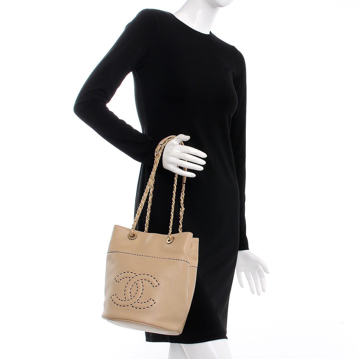 Chanel Lambskin CC Stitched Drawstring Bucket Bag Beige 3 of 8