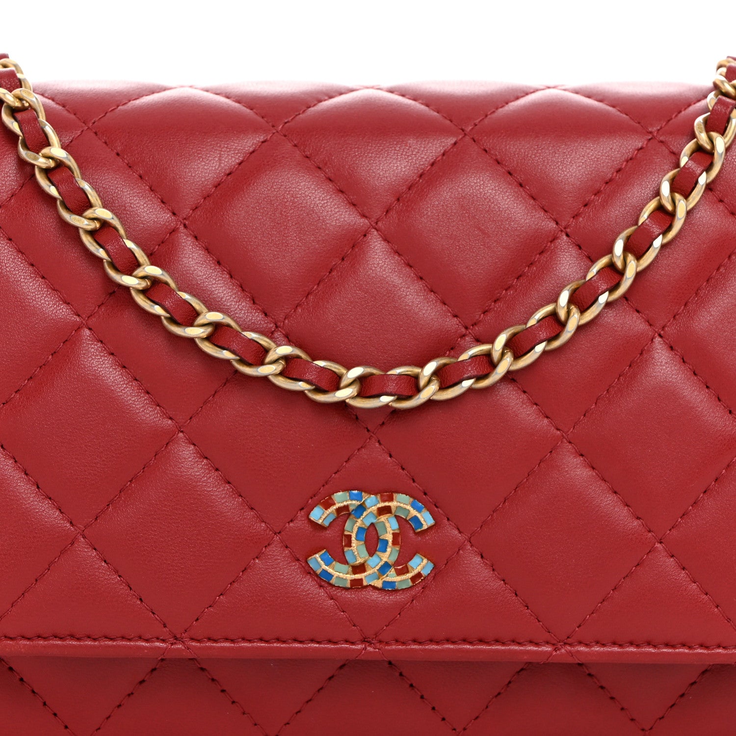 Chanel Lambskin Gripoix Quilted Wallet On Chain WOC Red 8 of 10