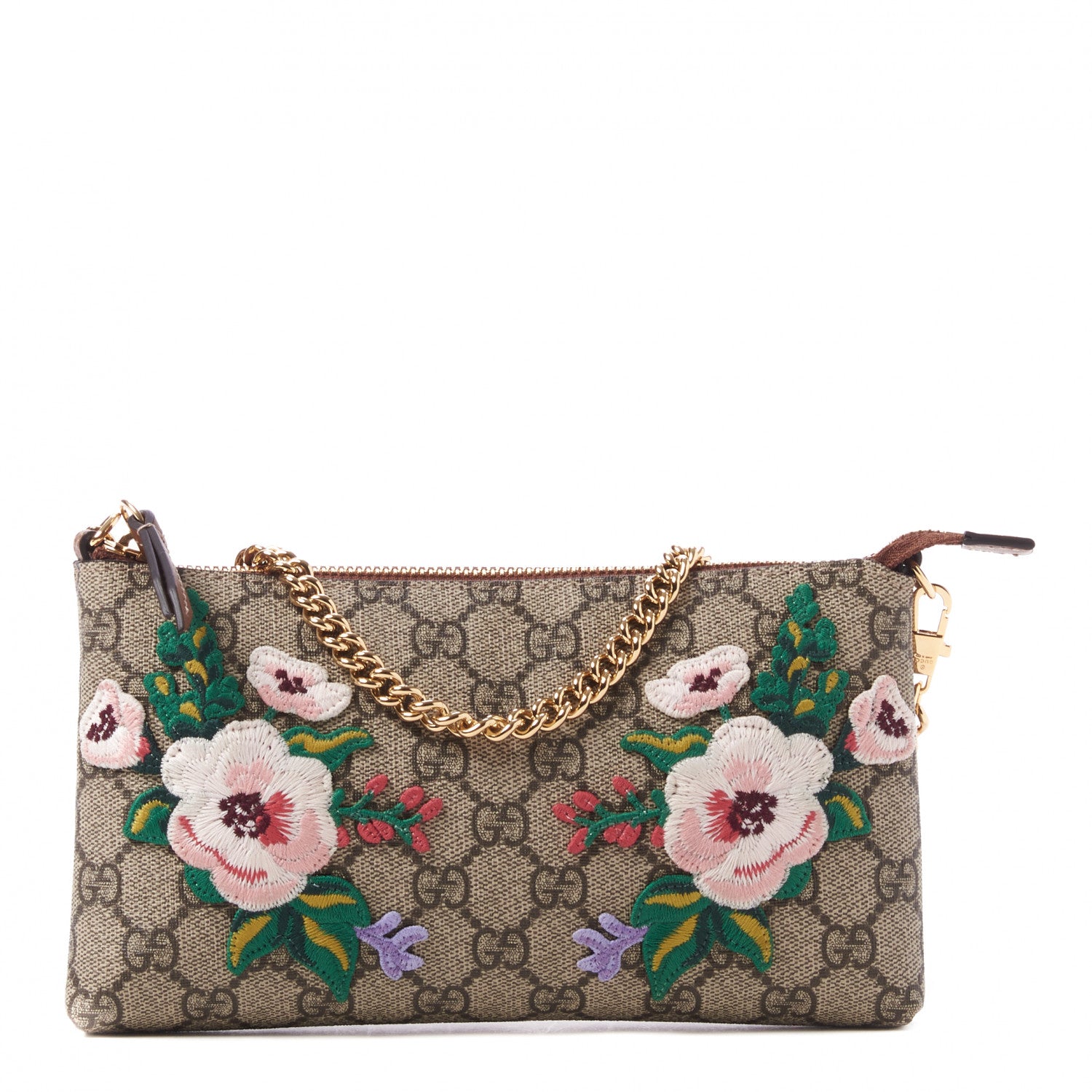 Gucci GG Supreme Monogram Embroidered Flower Chain Wrist Wallet 1 of 9