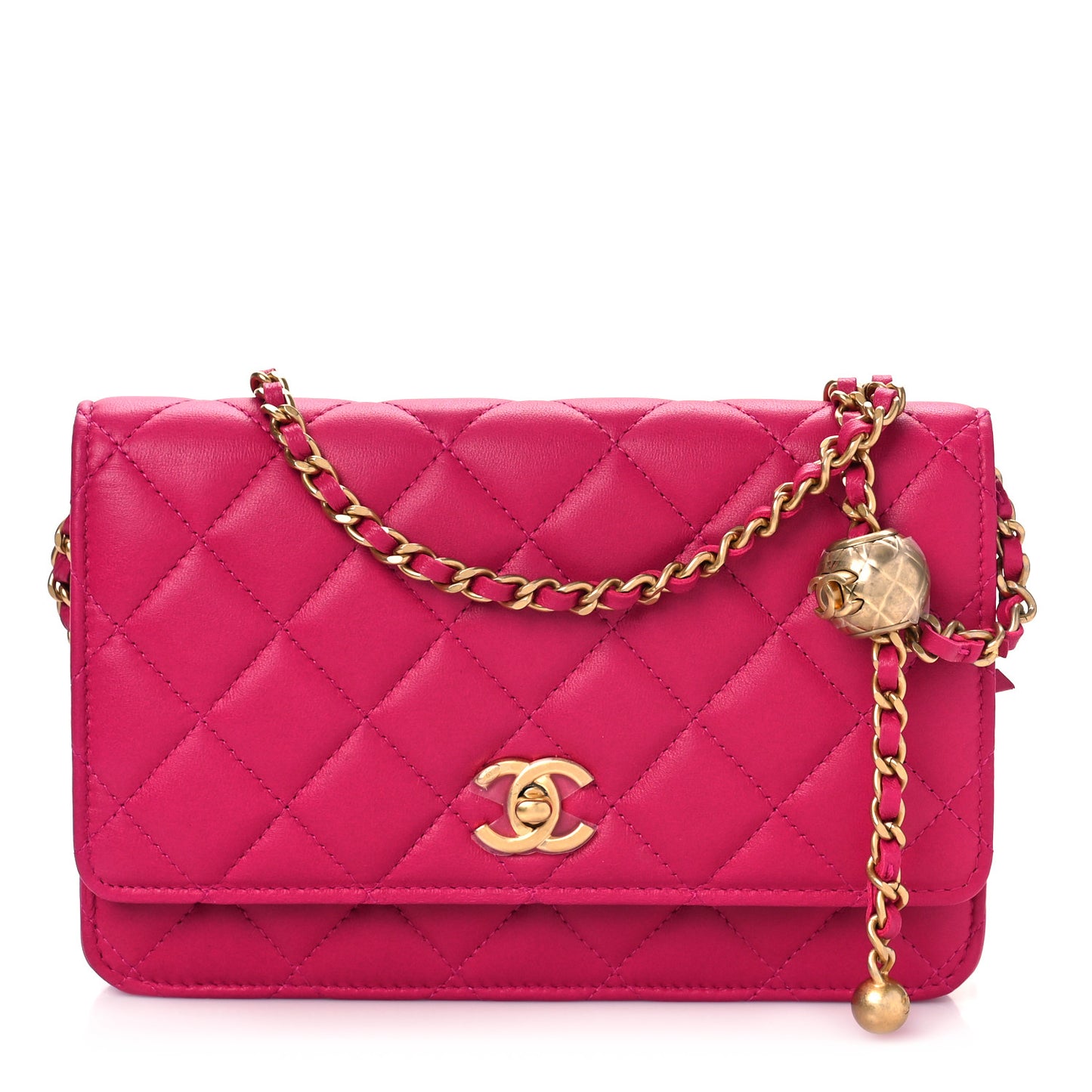 Lambskin Quilted CC Pearl Crush Wallet on Chain WOC Dark Pink