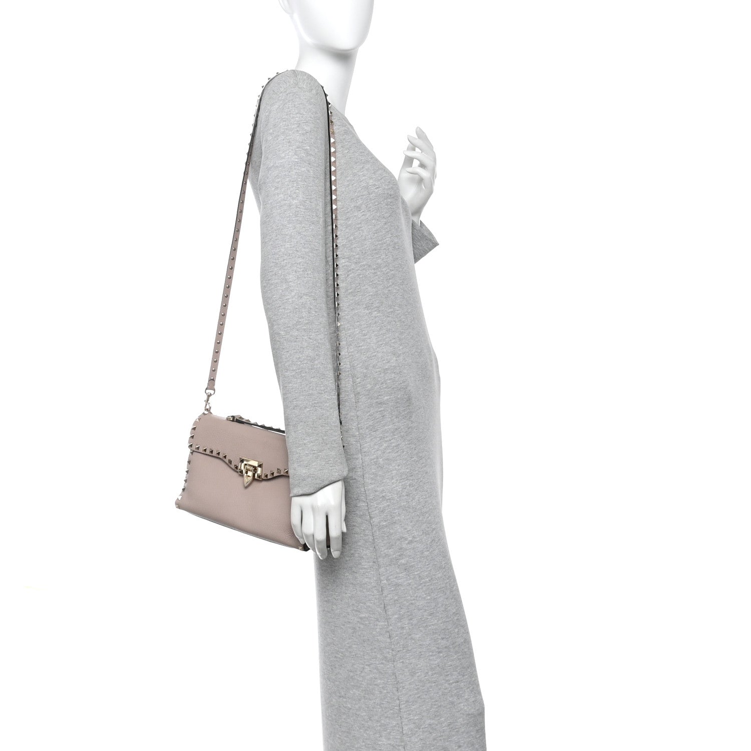 Valentino Garavani Pebbled Calfskin Medium Rockstud Top Handle Shoulder Bag Poudre 2 of 9