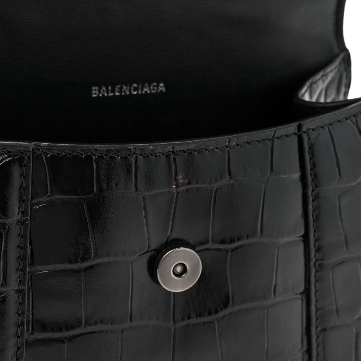 Shiny Calfskin Monochrome Crocodile Embossed Hourglass Top Handle Bag XS Black