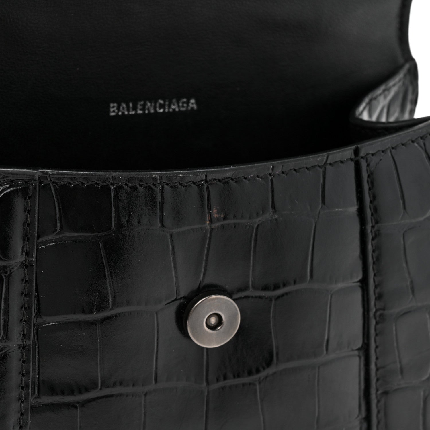 Balenciaga Shiny Calfskin Monochrome Crocodile Embossed Hourglass Top Handle Bag XS Black 16 of 17