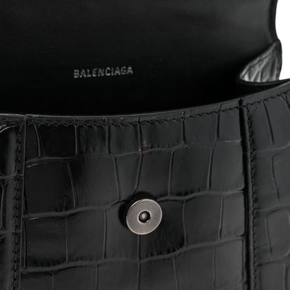Balenciaga Shiny Calfskin Monochrome Crocodile Embossed Hourglass Top Handle Bag XS Black 16 of 17