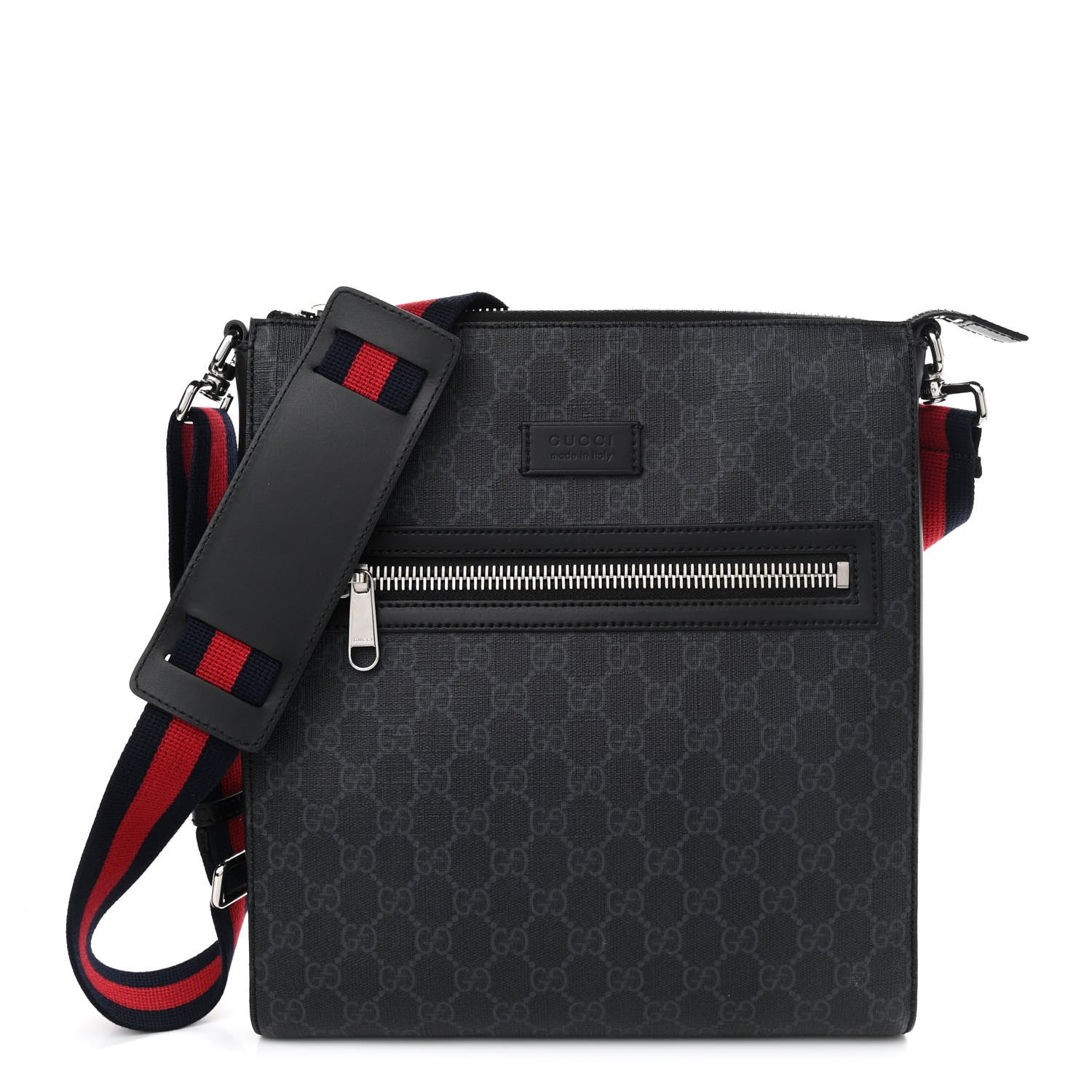 Gucci GG Supreme Monogram Appia Calfskin Web Flat Messenger Bag Black Grey 1 of 11