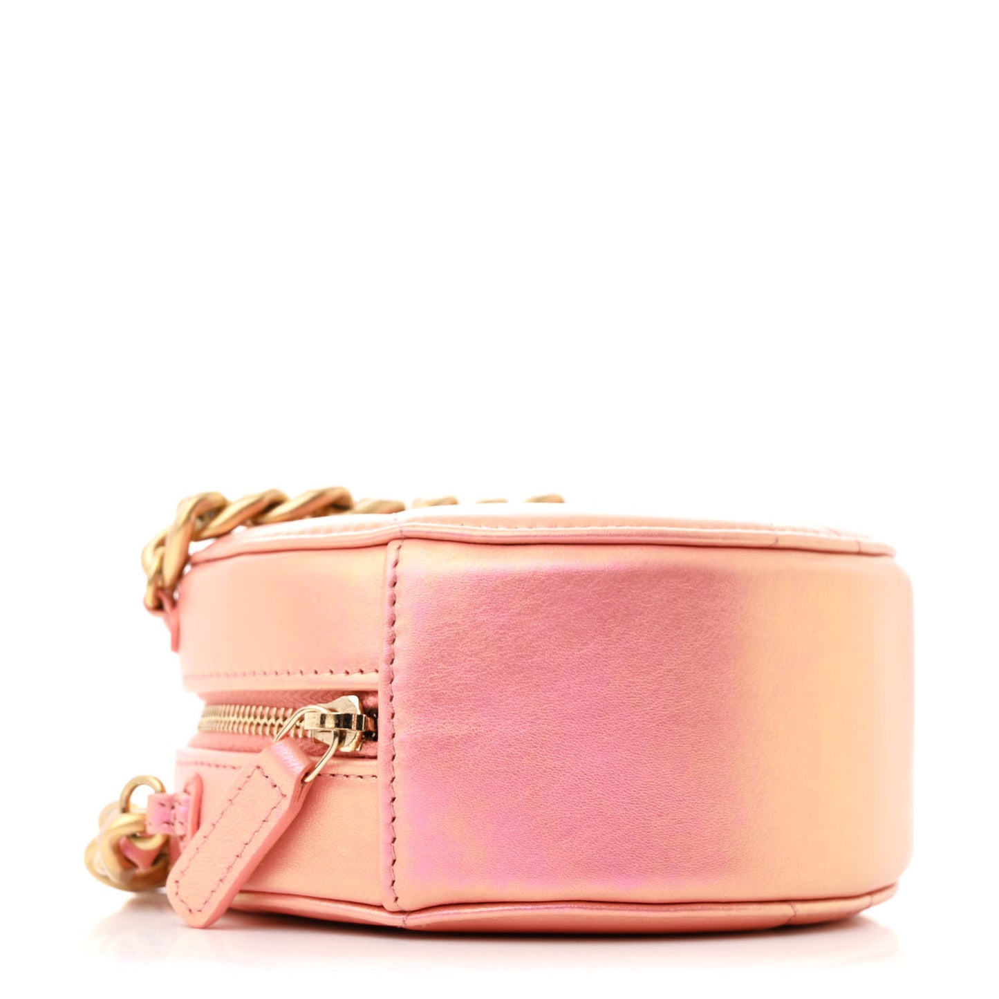 Iridescent Calfskin Quilted Chanel 19 Round Clutch With Chain Pink